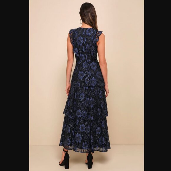 Lulus - NWT - Molinetto Navy Blue Lace Ruffled Tiered Sleeveless Maxi Dress - Picture 4 of 7
